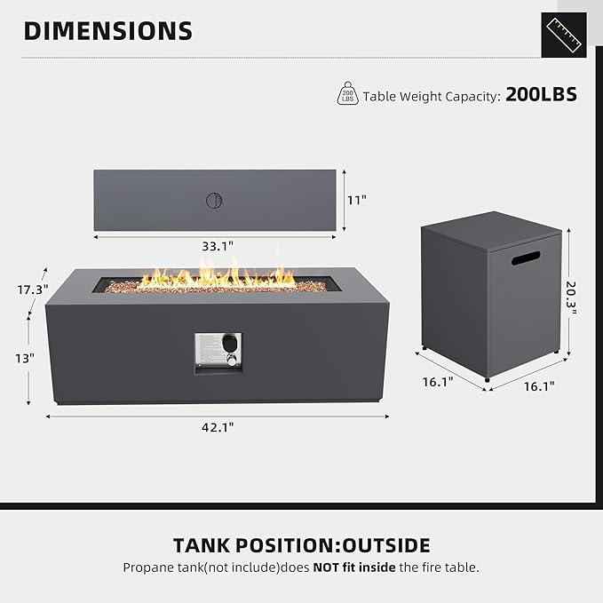 UPHA 42-inch Outdoor Propane Gas Fire Pit Table 50000 BTU Iron Rectangle Firepit for Outside Patio with Tank Hidden Table, Removable Lid, Gold Glass Rocks, Rain Cover, Dark Grey