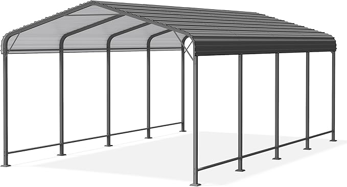 12x20 FT Car Port, Heavy Duty Canopy with Updated Roof & Enhanced Base, Multi-Use Metal Carport Garage for Car, Truck, Boat, Tractors, Party, Grey
