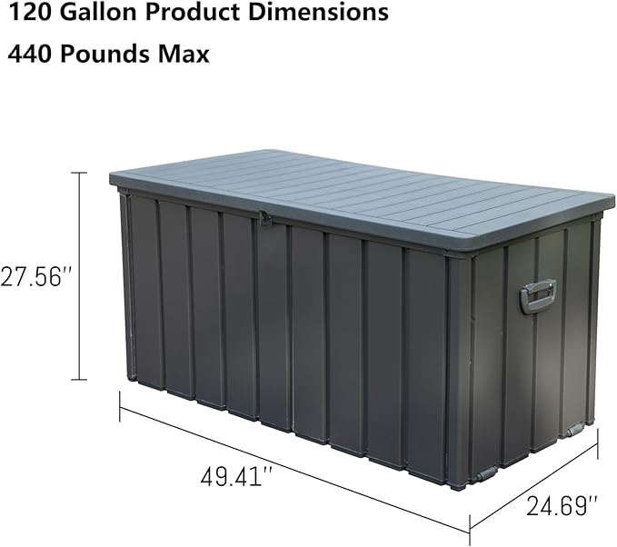 CHUNLY 120 Gallon Waterproof Deck Box with Lockable Resin Lid, Storage Bench w/Mobility Rollers, Outdoor All-weather Patio Storage Box for Outside Cushions, Garden Tools (Dark Gray)