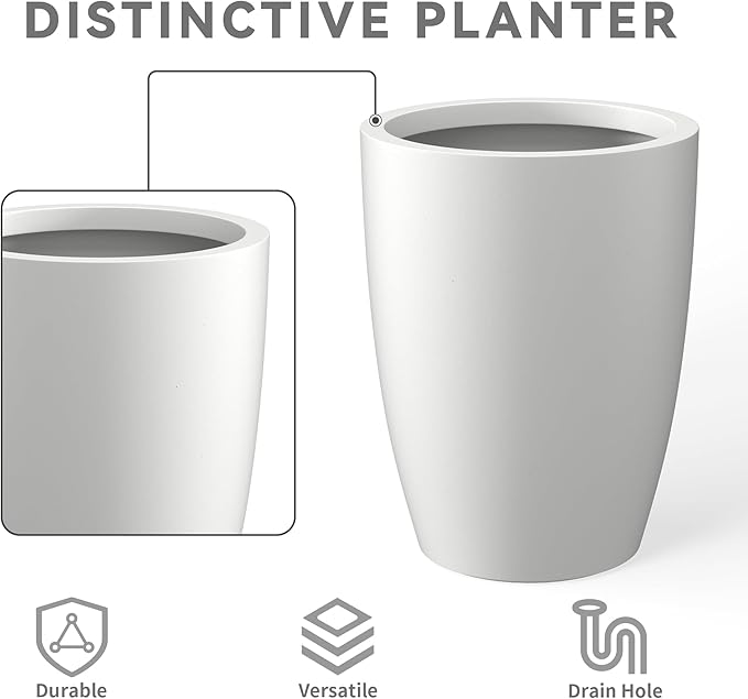 Kante 18.1" H Tall Round Concrete Planter for Outdoor Indoor, Modern Decorative Plant Pots with Drainage Hole & Rubber Plug for Home & Garden Pure White