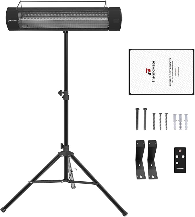 ThermoMate Infared Patio Heater for Outdoor with Tripod, Electric 1500W IP65 Waterproof with Remote, 3 Heating Levels & 24H Timer for Restaurant Backyard, Plug-in 120V Black