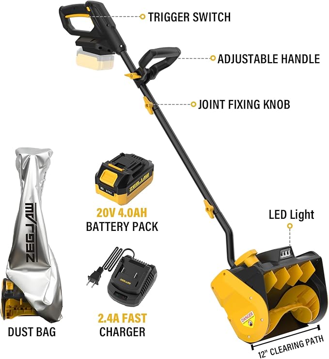 12-Inch Cordless Snow Shovel, 20V Snow Blower With LED Light,Electric Snow Thrower with Directional Plate&Adjustable Handle, 21ft Throwing Distance,12"x6" Clearing Path (4.0Ah Battery included)