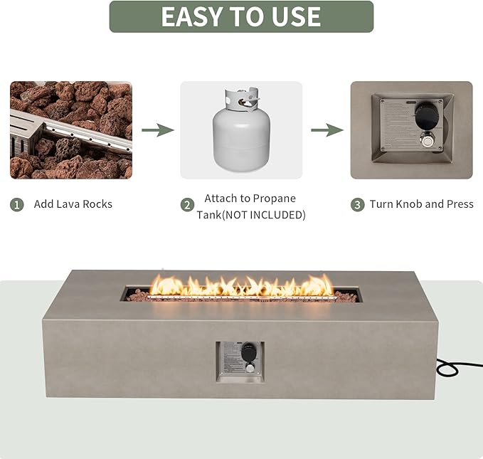 COSIEST 56-inch x 28-inch Outdoor Propane Fire Pit Coffee Table w Concrete Rectangle Base, CSA Certified, 50,000 BTU, Free Lava Rocks and RainCover, Fits 20lb Tank Outside(Gray)