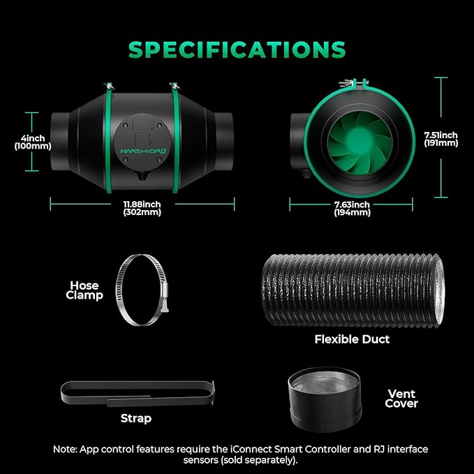 MARS HYDRO iFresh 4 Inch Smart Inline Fan Combo, with Variable Speed Controller, for Heating Cooling Booster, Grow Tents
