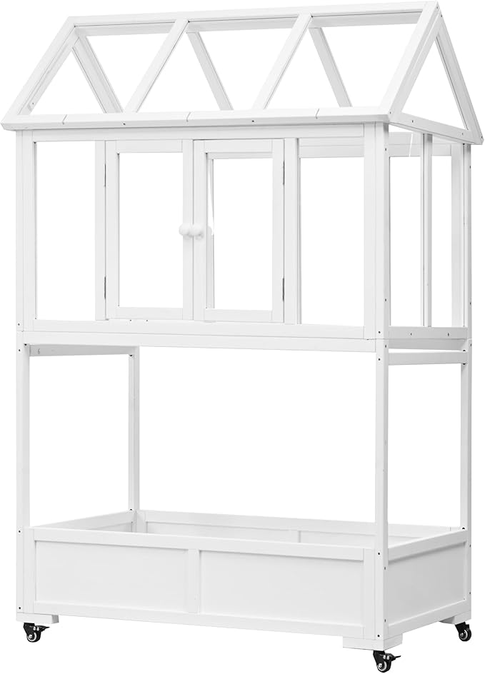 Garden Wood Portable Cold Frame - Mini Greenhouse with Wheels, Open Roof & Storage (White + Beige + Beige)