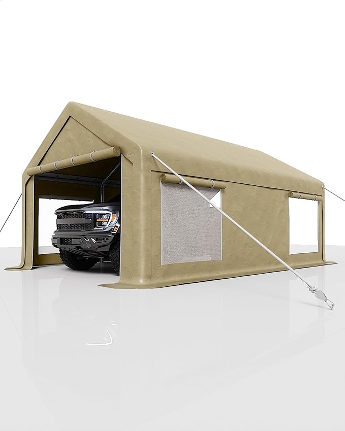 13x20 Ft Carport with 8 Sandbags, Car Port with 220g PE Tarp, 2 Roll-Up Doors, and 4 Windows, for Full-Size Pickups, Bass Boats, Tractors, and SUVs, Khaki