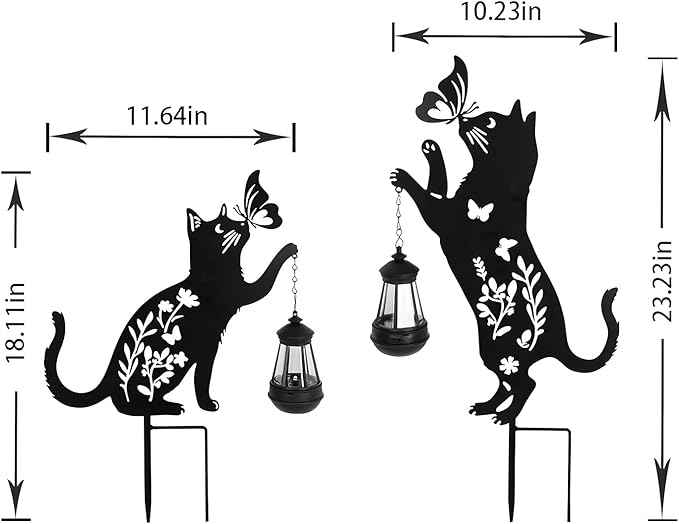 Solar-Powered Black 2-Pack Cats Garden Decor Stakes - Metal Silhouette Figurine for Outdoor Yard, Lawn, and Patio Decoration