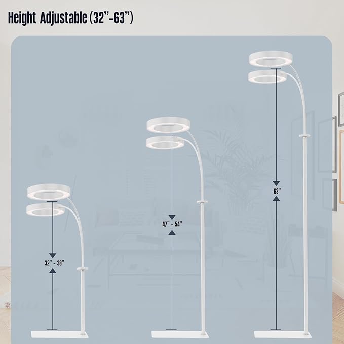 GLOWRIUM Grow Lights for Indoor Plants, 36W Full Spectrum 2-Head LED Plant Light with Stand, Adjustable Height, 3/9/12H Timer, 6 Dimmable Levels & 3 Lighting Modes (White-Double Head)