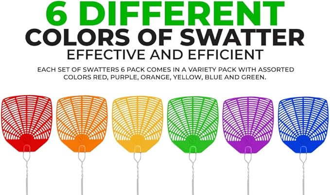 Supreme Bug & Fly Swatter 6-Pack – Braided Metal Handle 6 Pack Fly Swatters, Multi Pack Colors, – for Indoor/Outdoor – Flyswatter (21 inch- Set of 6)