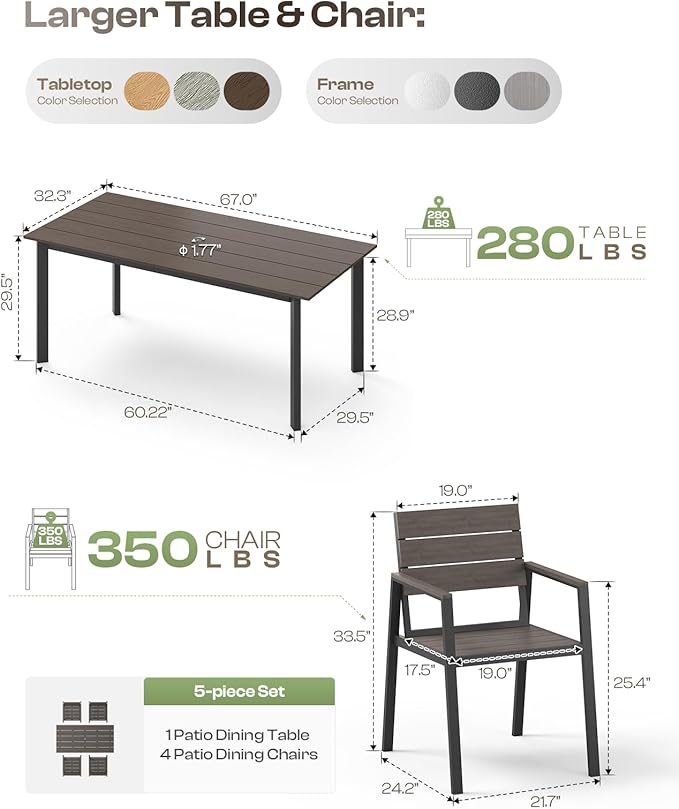 67" Rectangle HDPS Patio Dining Table, Aluminum Outdoor Patio Dining Table with Umbrella Hole, Weather-Resistant for Lawn, Garden, Yard, Poolside and Indoor Use, Charcoal