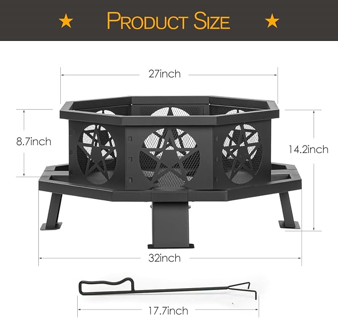 32 Inch Small Octagonal Fire Pit,Outdoor Wood Burning Fire Pits for Patio, Picnic,Bonfire,Heavy Duty Firepits for Outside Backyard Garden,Camping