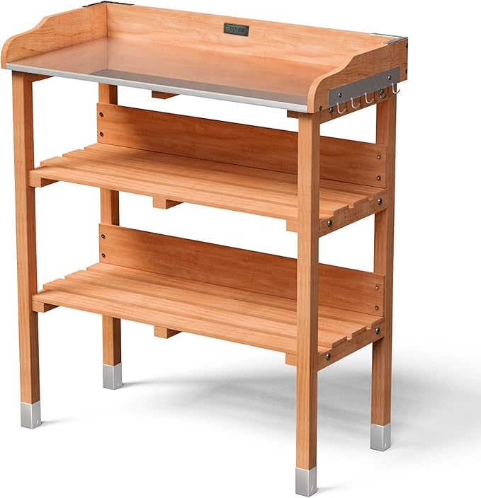 Giantex Garden Potting Bench, Outdoor Wood Workstation Table with Galvanized Steel Tabletop, 5 Hooks, 2-Tier Storage Shelves, Outside Work Station Potting Table with Raised Edge, Easy Assembly