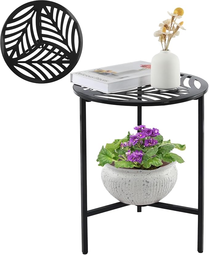 Party Zealot 1 Pack 13" Metal Outdoor Side Tables Small Black Outside End Table for Patio Round Accent Corner Stand for Small Spaces Weather-Resistant Coffee Table for Balcony Porch Plant Stand, Leaf