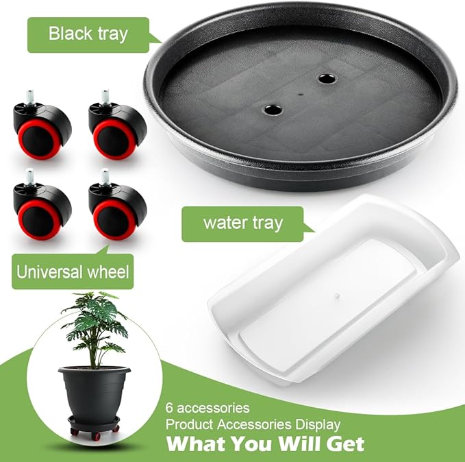 3-Pack Jumbo 15.7 Inch Planters with Rolling Saucers & Drainage – Large Flower Pots for Indoor/Outdoor, Heavy-Duty Moving Trays, Fits Tall Plants (Set of 3, Black)
