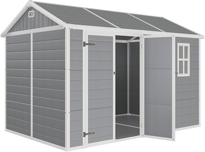 10.5x7.6x7.5 ft Outdoor Resin Storage Shed with Floor, Windows & Air Vents, Large Waterproof Tool Shed for Garden, Backyard, Lawn Equipments & Bikes, Grey