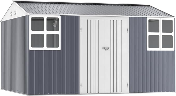 12x10 FT Metal Shed Heavy-Duty, Outdoor Storage Garden Sheds with Reinforced Steel Frame & Customizable Skylight, Weatherproof Galvanized Tool Tiny House for Backyard, Patio, and Lawn
