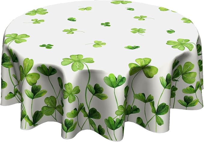 St. Patrick’s Day Round Tablecloth, Lucky Shamrock Table Cloth, Green and White Tablecloths, Four Leaf Clovers Waterproof Table Cover for Dinner Room Holiday Party Kitchen Decoration, 60 Inch