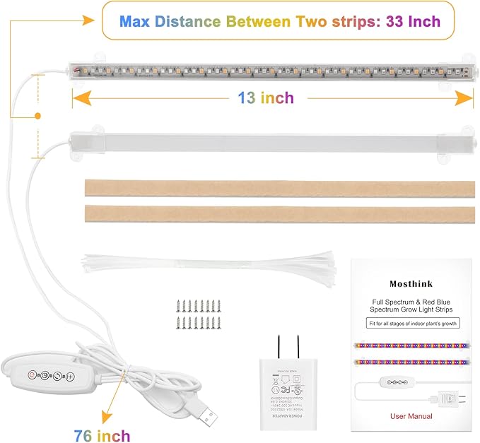 Grow Lights for Indoor Plants Full Spectrum, Grow Light Strips with Auto Timer 3/6/12 H, Plant Lights with Red Blue White LEDs, 3 Lighting Modes,5 Dimmable Levels, 2 Packs,Updated Controller