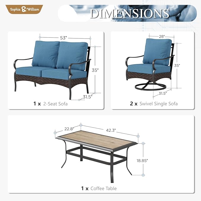 Sophia & William Patio Furniture Set, 4 Piece Metal Outdoor Conversation Set with 2-Seater Outdoor Couch, 2 Swivel Chairs, 1 Coffee Table for Outdoor Seating, Backyard, Porch(Navy Blue)