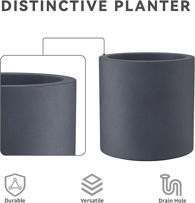 Kante 12.6" Dia Round Concrete Planter, Modern Style Large Cylindrical Plant Pot with Drainage Hole and Rubber Plug for Indoor Outdoor Patio, Dark Gray