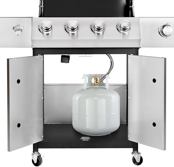 4-Burner Propane Gas BBQ Grill with Side Burner, 53,000 BTU Output with Enameled Cast Iron Grates for Patio Garden Barbecue, Stainless Steel