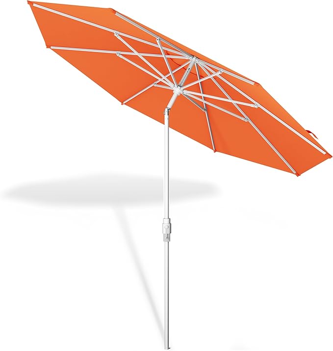 Midtown Umbrellas The Swilt 9 Feet Patio Umbrella in Terylast Tangerine (Bright Orange) Polyester Fabric - Fiberglass Ribs, Auto-Tilt Aluminum Frame For Backyard, Deck, Garden, Pool - White Pole