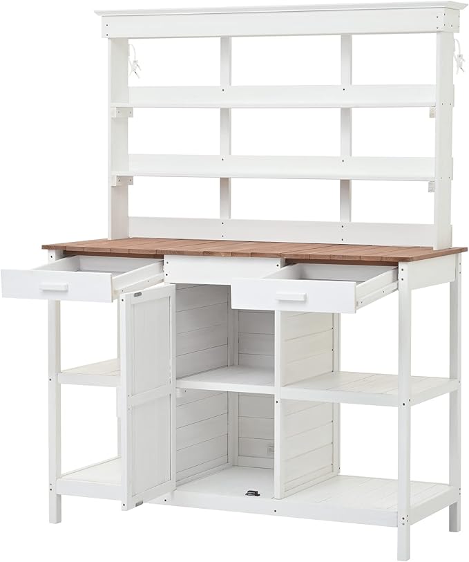 Merax 66" Large Outdoor Farmhouse Wooden Potting Bench Table, Garden Workstation with 2 Drawers, Cabinet, and Open Shelves for Backyard, Mudroom, White