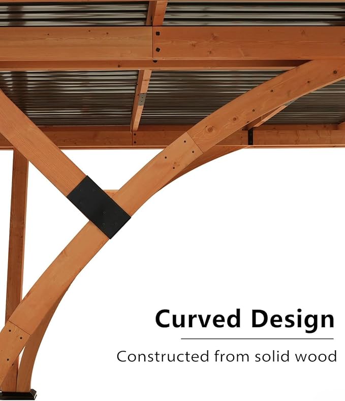 18.3 x 12.6 x 7.7 FT Curved Carport, Wood Outdoor Gazebo Pavilion with Hardtop Sloped Steel Roof, Heavy Duty Waterproof Car Port for Backyard, Patio, Deck and Lawn