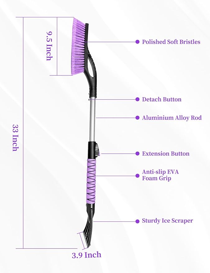 HEEYA Ice Scraper and Brush for Car, Extendable Snow Brush and Ice Scraper for Car Windshield Window, Car Snow Scraper and Brush with Foam Grip for SUV Truck Automobile Vehicle - Purple