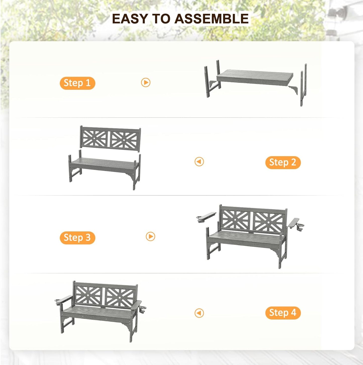 nalone Outdoor Bench with Cup Holders, HDPE All Weather Porch Bench Load up to 800 Lbs, 2-Person Garden Benches Rot-Proof Fade Proof for Patio, Porch, and Park (Grey)