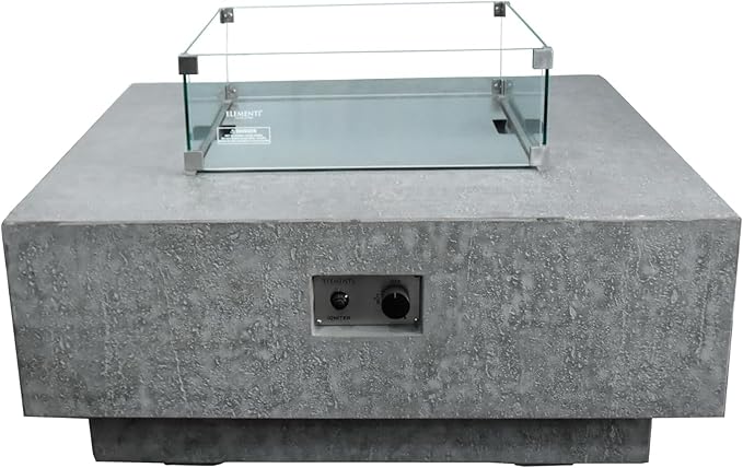 Elementi Manhattan Gas Fire Pit Bundle Concrete Fire Table, Outdoor Fire Pit Electronic Ignition | Canvas Cover, Lava Rock Included | Free AMS Wind Guard | Light Gray (Propane Gas)