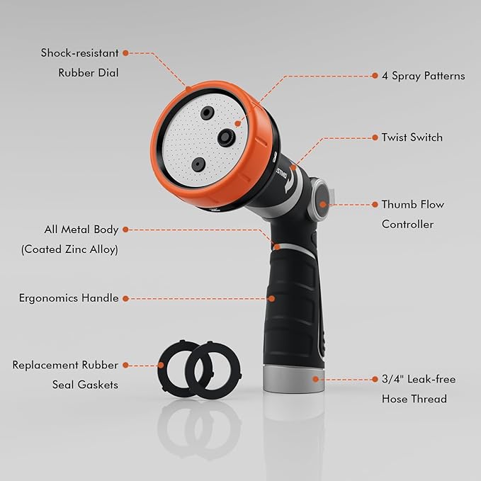 RESTMO 2-IN-1 Garden Hose Nozzle, Heavy Duty Metal Water Hose Nozzle with 4 Spray Patterns, Magic Twist and Thumb Flow Control, Ideal for Watering Plants & Lawns, Washing Cars & Pets, Orange