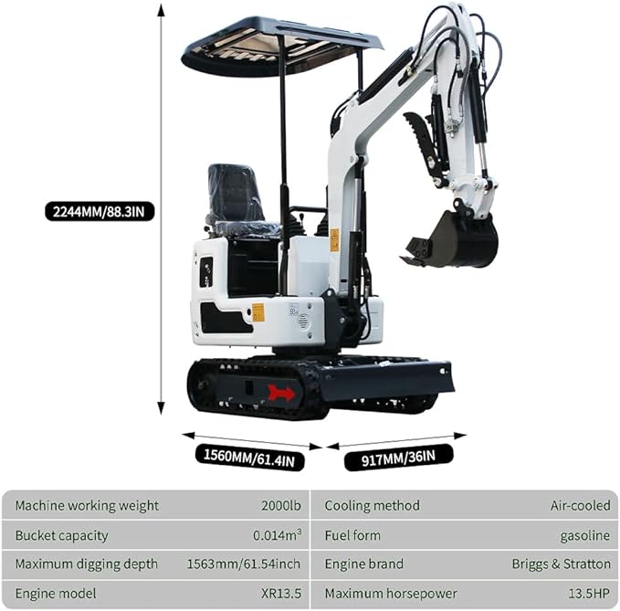 Mini Excavator for 1 Ton B&S Engine with Hydraulic Thumb Clamp,Standard Bucket, 200mm Bucket,Broken Hammer,Auger, Grapple Quick Change Attachments (W Building excavator)