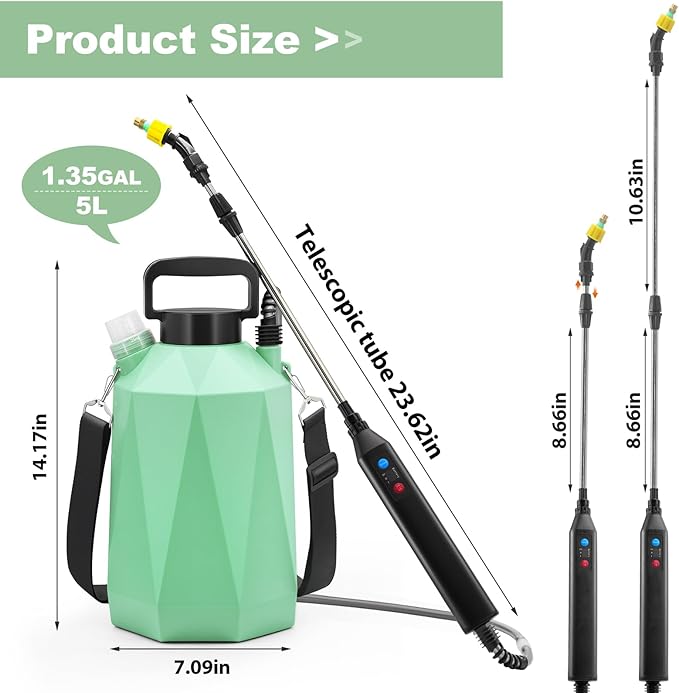 Battery Powered Sprayer 1.35Gallon/5L, 2025 Upgraded Electric Sprayer in Lawn and Garden with 3 Adjustable Force, Battery Indicator, Rechargeable Handle, Telescopic Wand,3 Mist Nozzles,Shoulder Strap