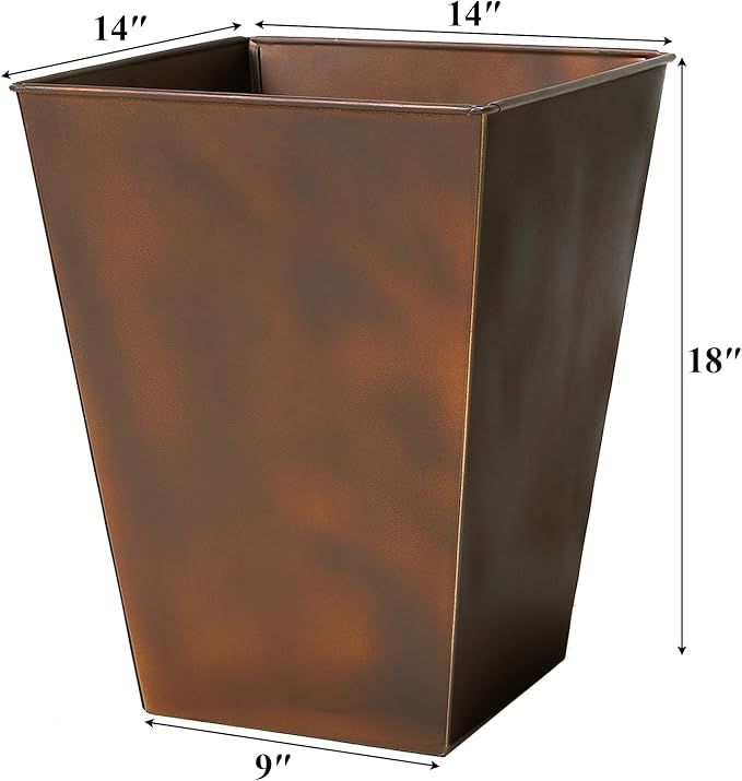 Worth Garden 14" Dia x 18" H Large Metal Floor Planter Set of 2, Matte Bronze Retro Finish Tall Square Tapered Steel Plant Pots, Decor Flower Pot Indoor & Outdoor, Drainage Hole
