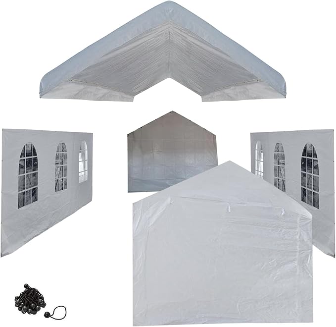 10x20 White Canopy Carport Cover Set with Valanced Top All 4-Side Walls and Top (5 Pcs Tarps Set, No Frame) Triple Side Windows