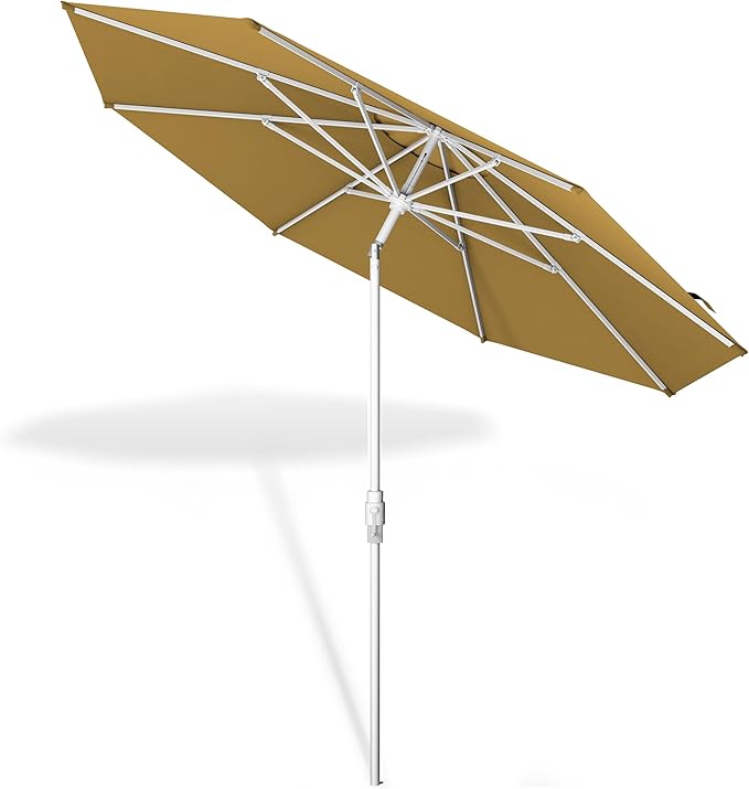 Midtown Umbrellas The Swilt 10 Feet Patio Umbrella in Terylast Sand (Tan) Polyester Fabric - Fiberglass Ribs, Auto-Tilt Aluminum Frame For Backyard, Deck, Garden, Pool - White Pole