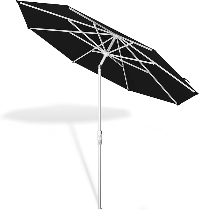 Midtown Umbrellas The Swilt 8 Feet Patio Umbrella in Terylast Ebony (Black) Polyester Fabric - Fiberglass Ribs, Auto-Tilt Aluminum Frame For Backyard, Deck, Garden, Pool - White Pole