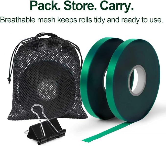 0.5 Inch Plant Tie Tape, 4 Rolls (788 ft Total) – Stretch Vinyl (PVC) Garden Ties for Stems & Poles, Non-Adhesive; Mesh Storage Bag + 1 Binder Clip Included (788 ft)