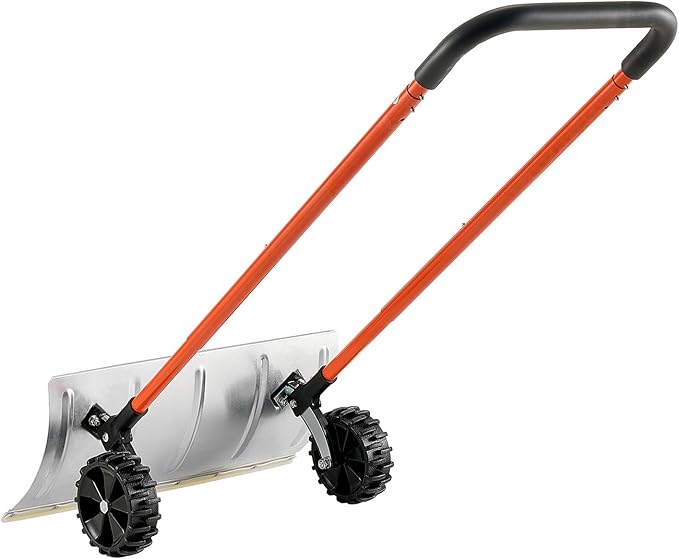 VEVOR 24 inch Snow Pusher Shovel with Wheels, Metal Heavy Duty Wheeled Push Snow Shovels for Driveway