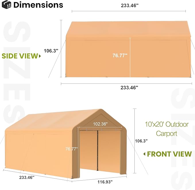 GOJOOASIS 10x20 Carport Heavy Duty Portable Garage Shelter Metal Car Canopy Tent with UV-Resistant & Weatherproof Top Cover for RV & Vehicles (Yellow, 10x20 with sidewalls)