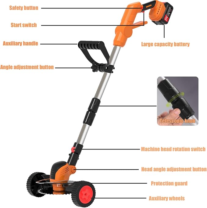 Electric Weed Wacker Cordless Eater Battery Powered Eater Lightweight Edger Portable Stringless Grass Trimmer/Lawn Mower/Brush Cutter, with 3 Types Blades & Wheels for Yard and Garden-Orange