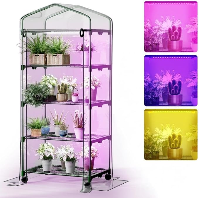Indoor Greenhouse with Grow Lights & Wheels, 4 Tier Wire Shelf PVC Tent Portable Mini Green House Cabinet Kit for Plant Seed Starting