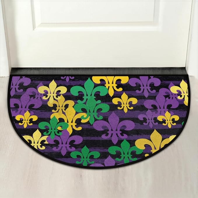 cfpolar Mardi Gras Half Round Door Mat, French Fleur De Lis Semicircle Doormat, Non Slip Soft Area Rug for Front Door Indoor Entrance Wear Resistant Welcome Mat, Blue, Gold, 24 x 36 in