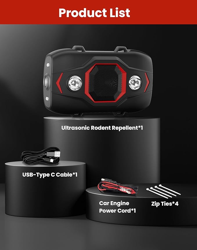 Ultrasonic Rodent Repellent for Car Engines, Under Hood Mouse Repellent with 4 LED Strobe Lights, USB Powered, Keep Rats, Mice and Squirrels Away from Vehicles, RVs, Garages, Attics (1, Black)
