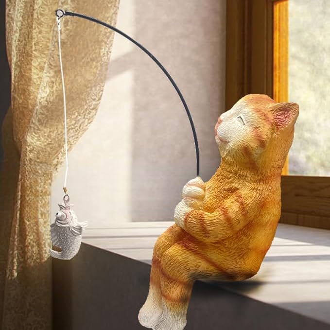 Cat Fishing Statue Garden Decor – 9.8" Weatherproof Resin Cat Fishing Sculpture Decor for Fish Ponds, Koi Ponds, Waterfalls, Poolside & Outdoor Gardens– Resin Figurine for Indoor & Outdoor Décor