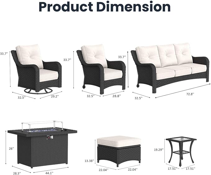 10 Pieces Outdoor Patio Furniture Sets with Rocking Swivel Chairs with 6-inch Thick Cushion and Fire Pit Table for Deck Lawn