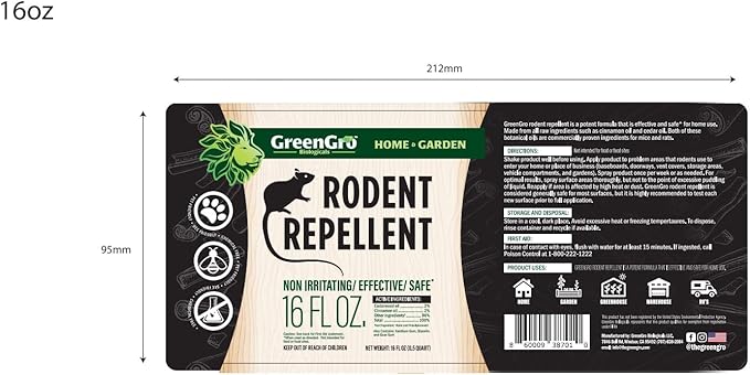 GreenGro Rodent Repellent Spray - Organic Cedar & Cinnamon Oil for Pest Control/Mice, Rat, Vole & Squirrel Repellent/Non-Toxic/Safe for Pets/Use for Home, Garden, Garage, RVs (16oz)