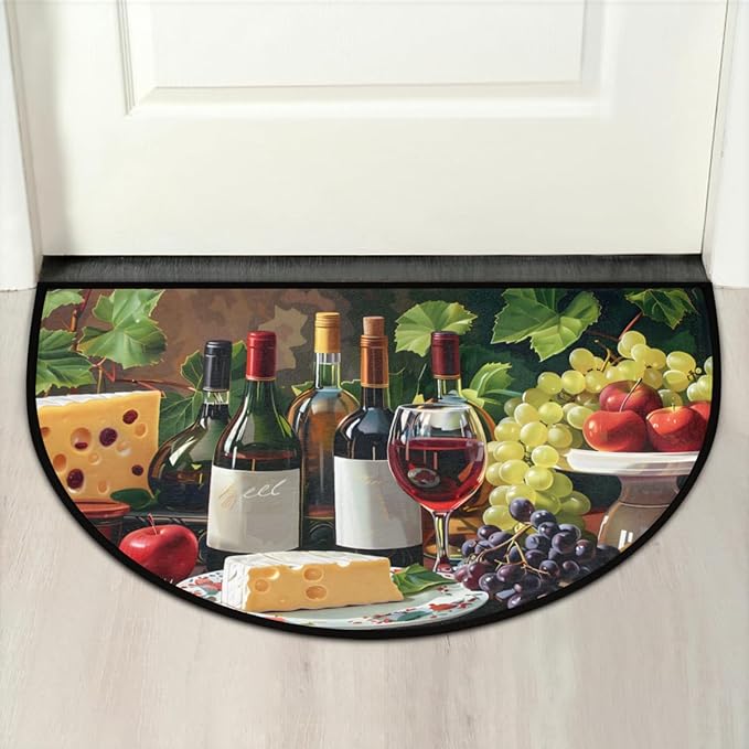 cfpolar Non-Slip Soft Half Round Door Mat, Wine Cheese Grapes Semicircle Mat for Indoor Entrance Garage Bath Living Room Patio 24 x 36 in
