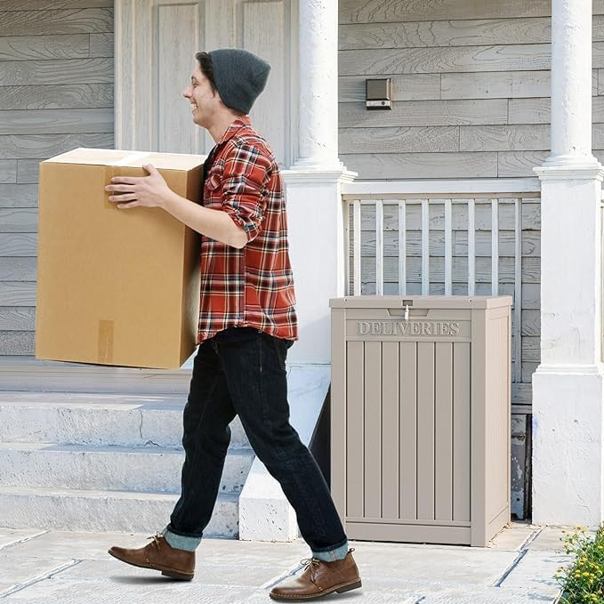 48 Gallon Resin Package Delivery Box - Rust & Moisture Resistant, Lockable, Waterproof Deck Box for Porches, Patios, Indoor & Outdoor Use(Grey,48GAL)